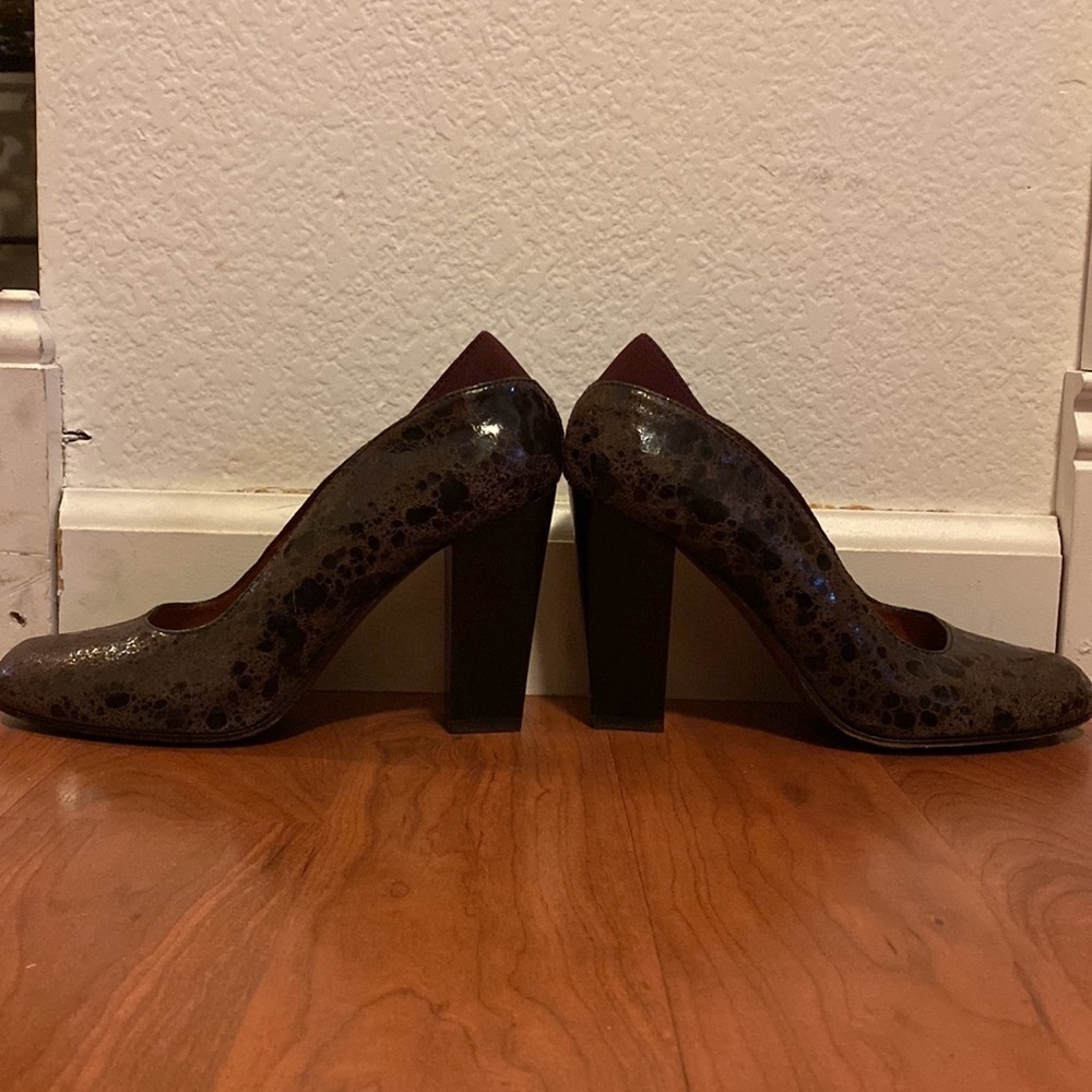 🎉HP Donald J Pliner Leather Shoes Sz 7, TwoTone Brown, chunky 4” “Casey” - Picture 11 of 17